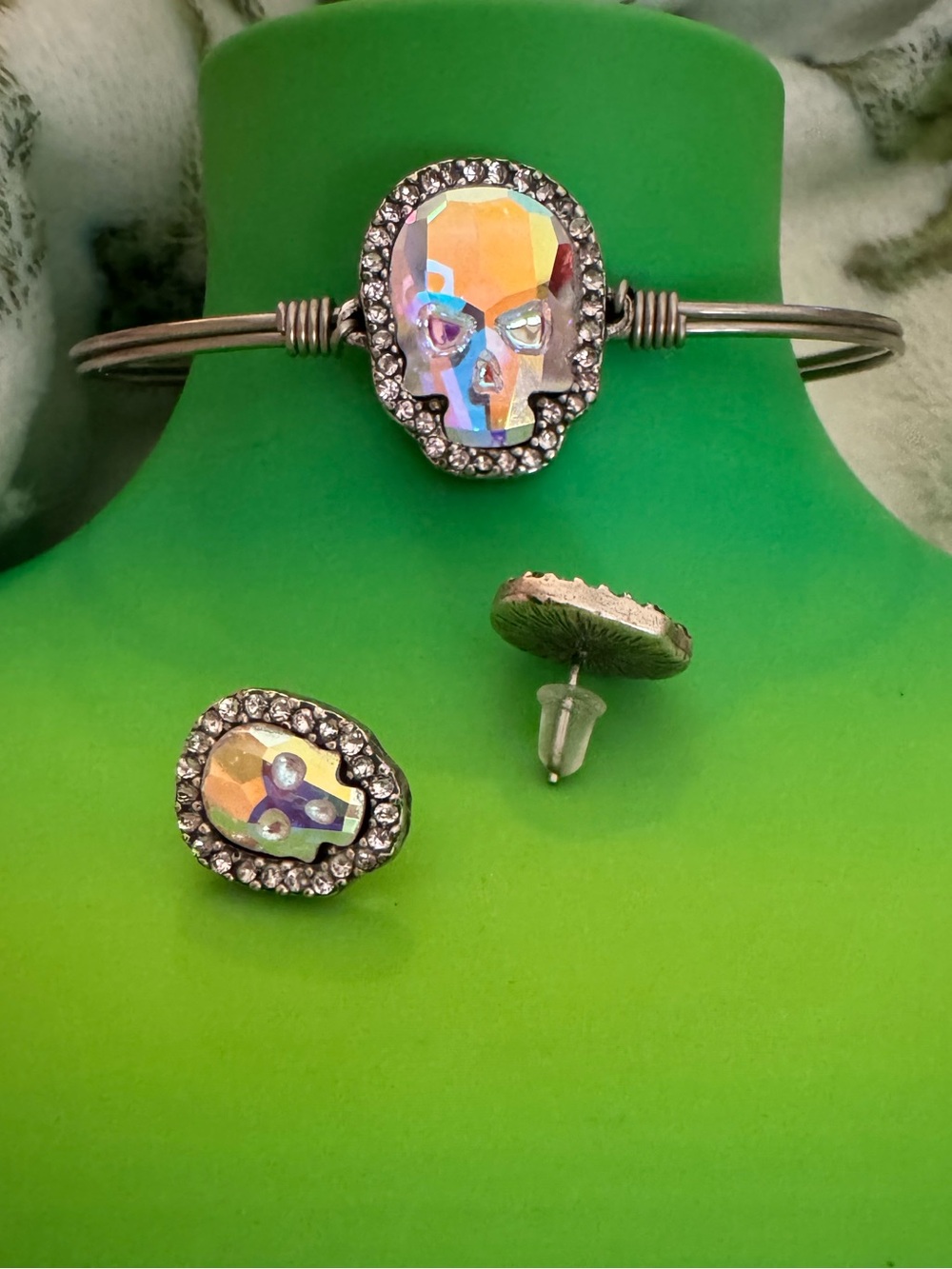Luca +Danni Iridescent Skull Bracelet and Stud Earrings Set - Silver